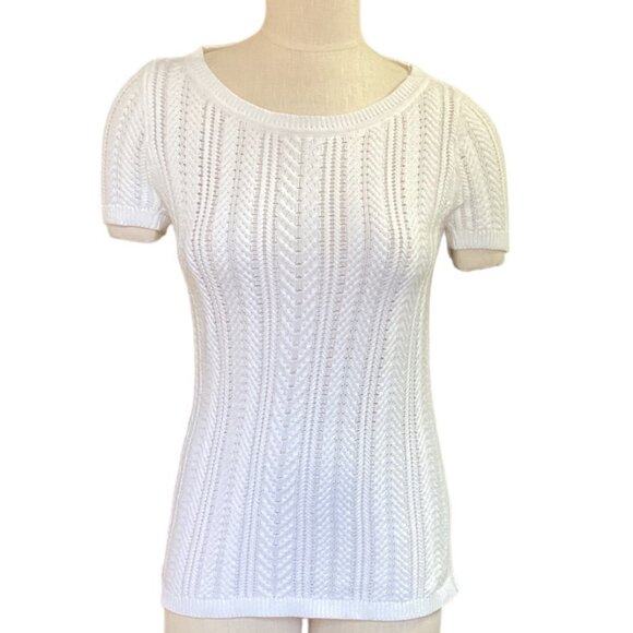 Liz Claiborne S 100% Cotton Short Sleeve Mixed Pattern Knit Top White 142K - Picture 1 of 6
